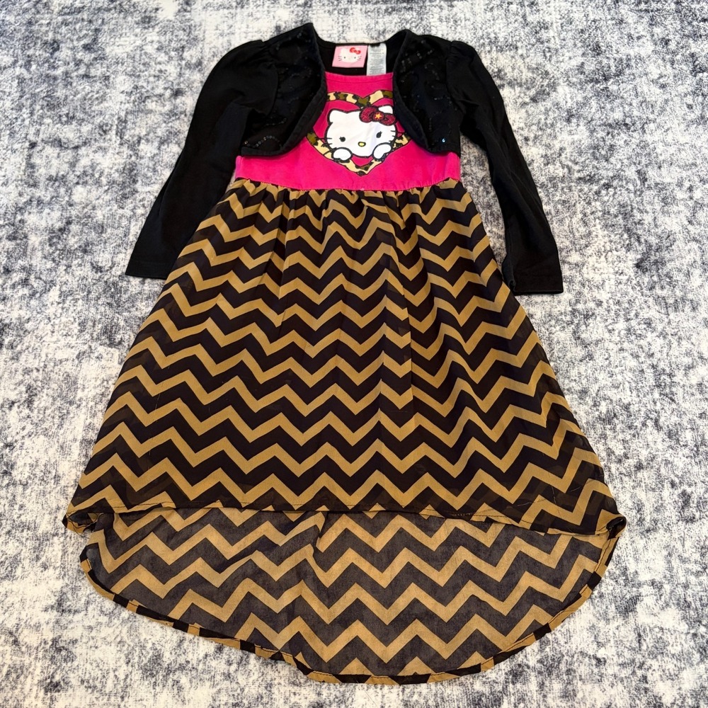 Hello Kitty Girls Pink Black Chevron High-Low Dress Long Sleeve Shrug Sz XS 4/5